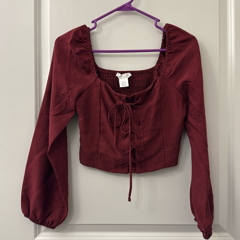 Kirious Burgundy Puff-Sleeve Lace-Up Crop Top – Size M